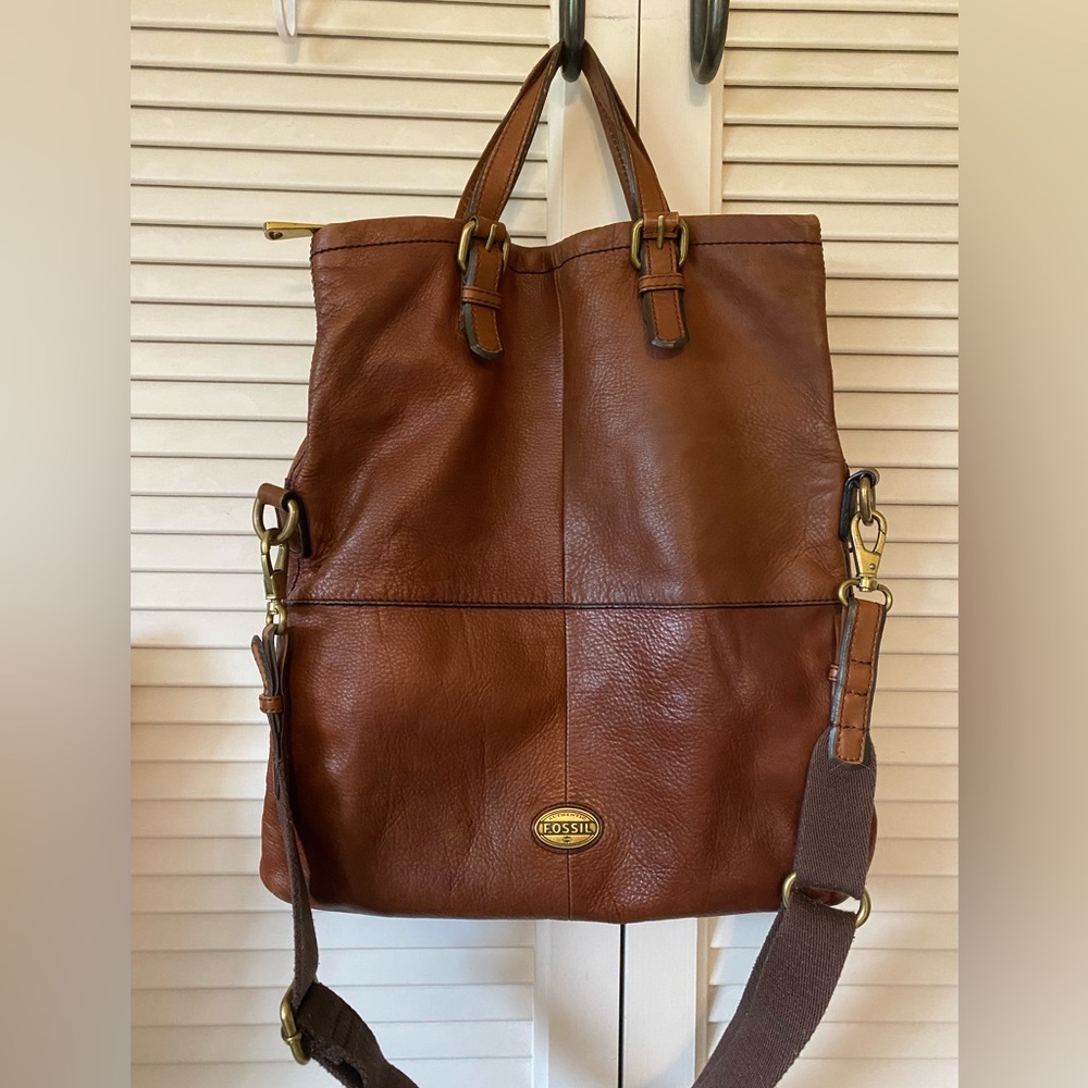 FOSSIL Leather Foldover Shoulder Crossbody Bag Tote Messanger - Picture 9 of 13